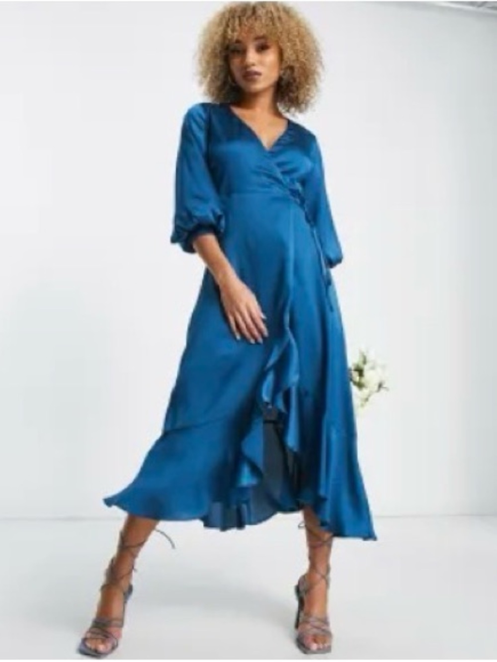 Liquorish bridesmaid satin wrap midi dress with puff sleeve in teal blue - 10